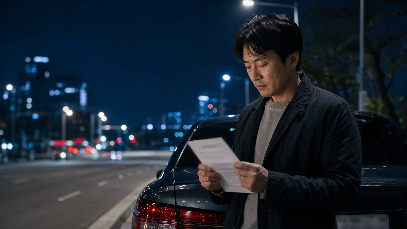 야간 도로에서 면허취소 통지서를 들고 고민하는 운전자